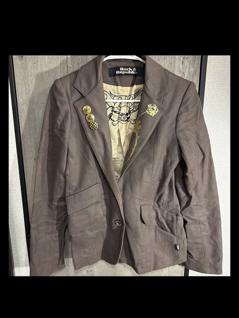 Rock & Republic Chocolate Brown Womens Blazer with Decorative Lining Edgy Sz M